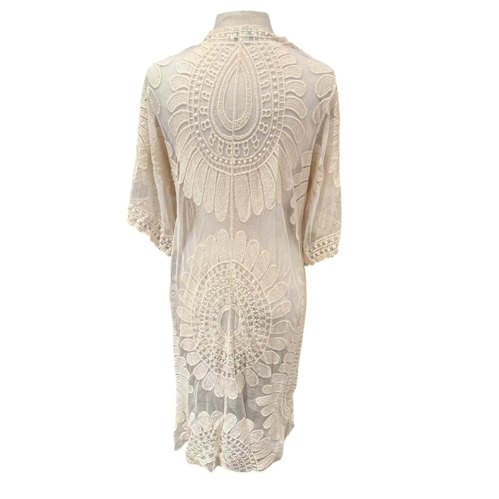 Boho Open Front Sheer Lace Kimono Cardigan With Floral Embroidery Ivory by Rebel - Picture 5 of 9